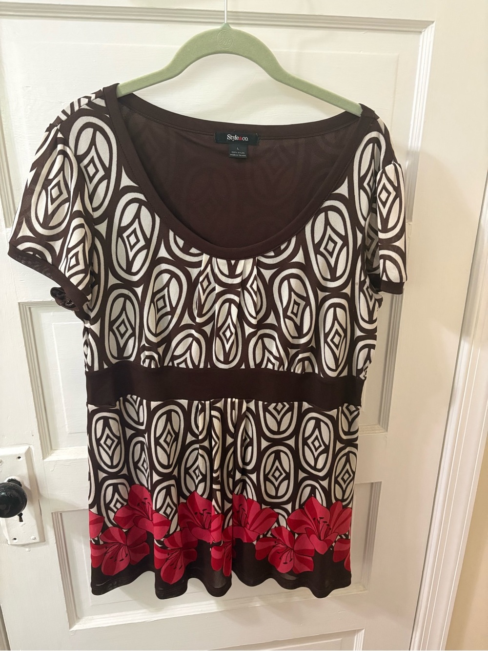 Style & Co. Brown, Ivory and Red Scoop Neck Graphic Tunic